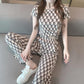 Women Spring Summer Vintage Letter Print Short Sleeve T-shirt High Waist Straight Tube Loose Wide Leg Split Pants Two Piece Set