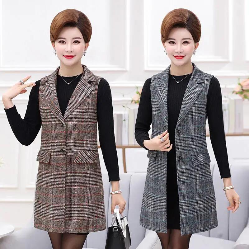 Women's Plaid Vest Jacket Mid-length Sleeveless Women's Waistcoat Suit Waistcoat Women's Mid-length Sleeveless Jacket Slim and Thin