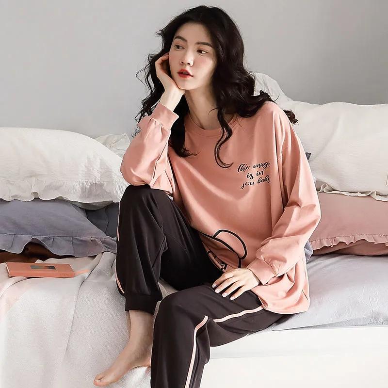 Women Pajamas Set Long Sleeve Pyjamas Suit Spring Autumn Sleepwear Winter Home Wear Loose Casual Pullover Round Neck Cute Nightwear Tops Pants