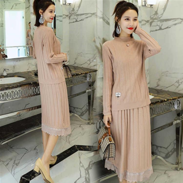 Winter Thick Two-piece Suit Women's Knitted Dress Autumn Lace Over The Knee Long Sweatshirt Suit Skirt