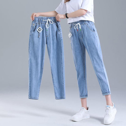 Summer Thin High Waist Cropped Jeans Women's Ripped Large Size Elastic Waist Loose Harem Pants