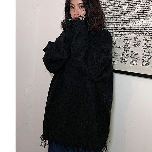 Solid Color Turtleneck Sweater Girl Student Loose Retro Irregular Torn Edge Sweater