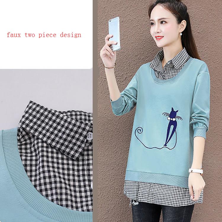 Women's Faux Two-piece Stitched Sweater Spring and Autumn Thin Long Sleeve Tops Solid Color Printed Loose Coats