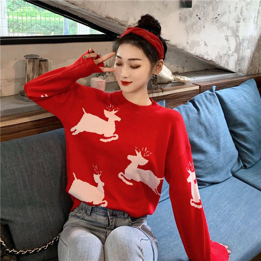 Women Sweater Red Christmas Snowflake Fawn Loose Knit Sweater Women O-Neck Long Sleeve