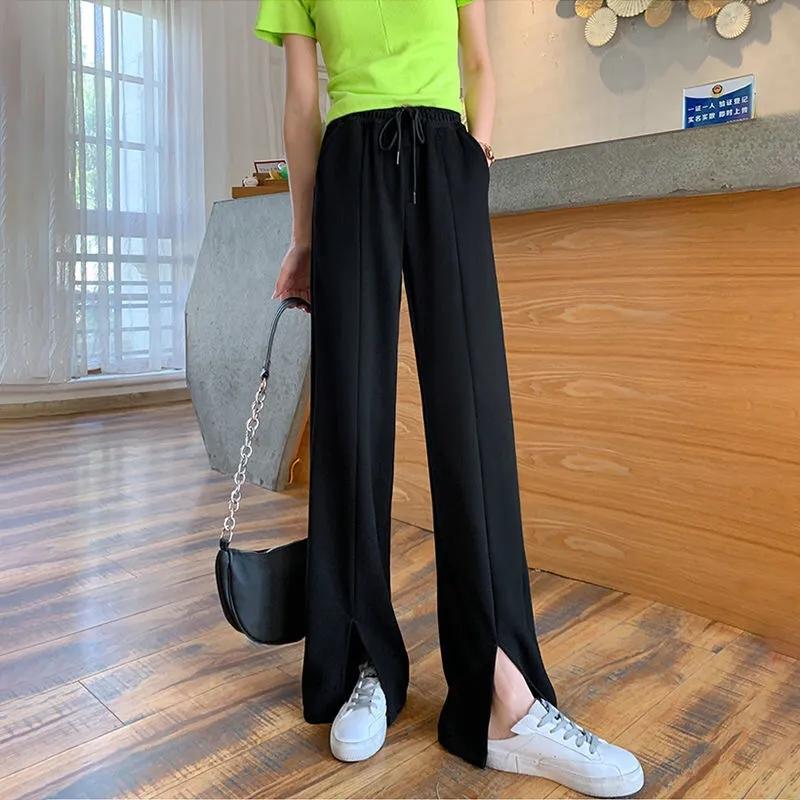 Ice Silk Front Slit Casual Pants Women's Drape High Elastic Waist Wide Leg Pants Straight Loose Long Trousers