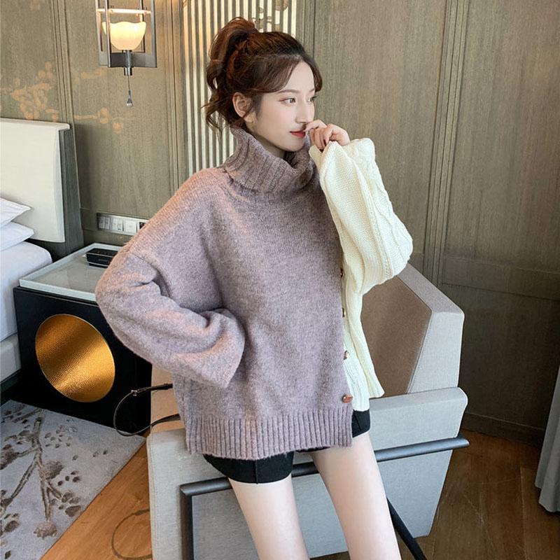 Autumn and Winter Loose Turtleneck Sweater Casual Color Matching Diagonally Buttoned Top Fashion Knitted Women's Jacket