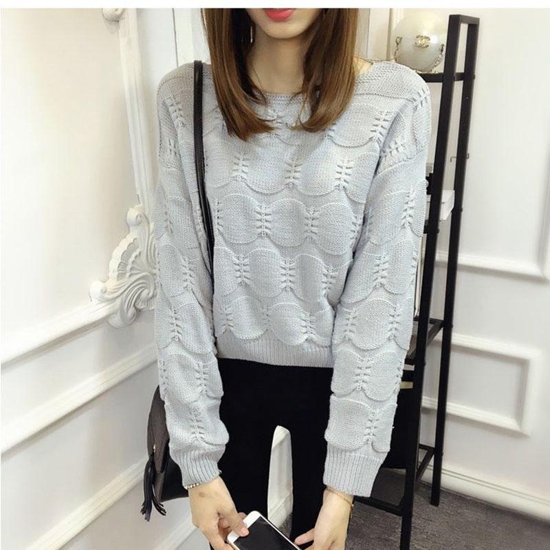 Spring and Autumn Women's Round Neck Loose Short Sweater Fashion Long Sleeve Solid Color Sweater