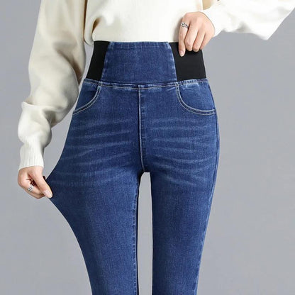 Women's High-rise Abdomen Stretch Skinny Jeans Autumn Solid Color Outer Wear Elastic Waist Slimming Pencil Trousers with Small Feet