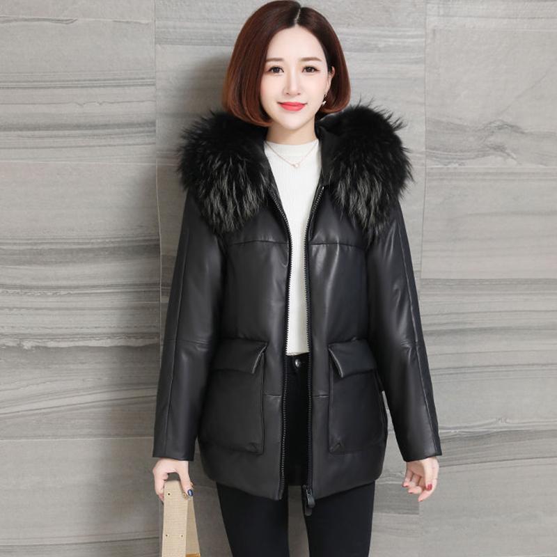 Women's Solid Color Hooded Down Jacket Regular Korean Loose Thick Coat Warm Cotton Coat Large Leather Collar Winter Coat Quilted Coat