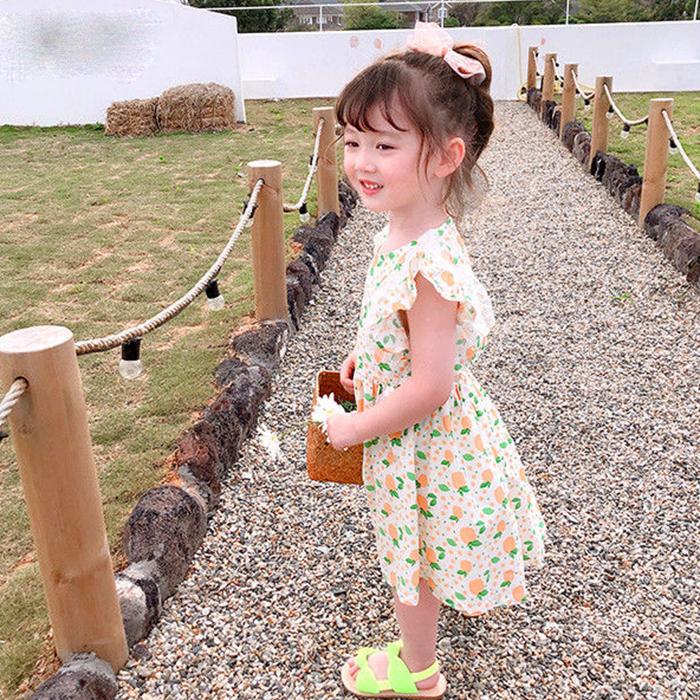 Girl's Back Hollow Out Dress Orange Skirt Children's Sleeveless Skirt Button Korean Baby Broken Flower Princess Skirt