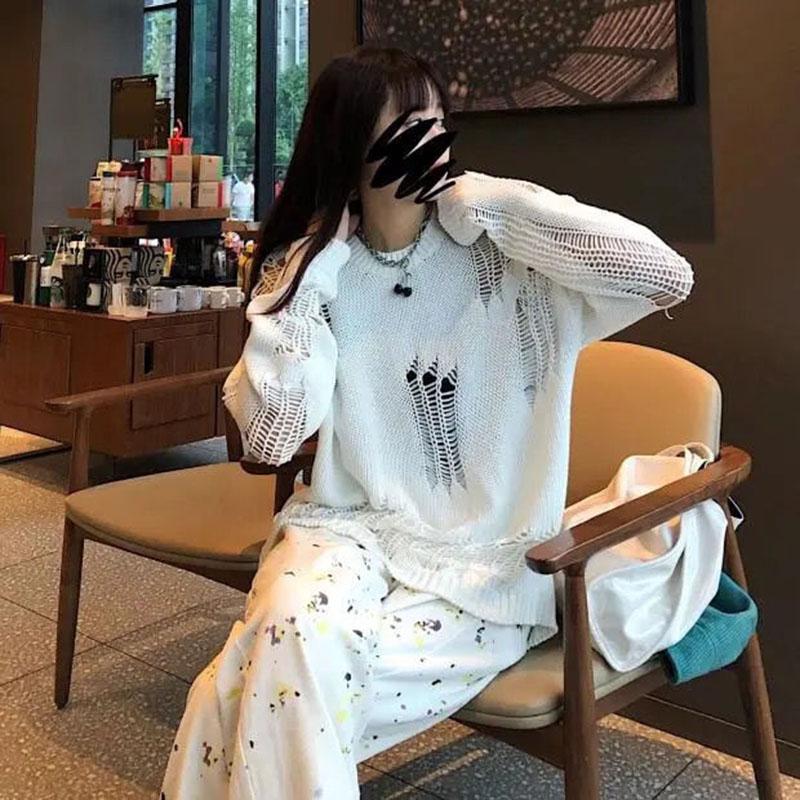 Gothic Punk Hole Sweaters Women  Streetwear Harajuku Sweaters Hollow Out Broken Knitted Jumper Woman Pullover Sweater
