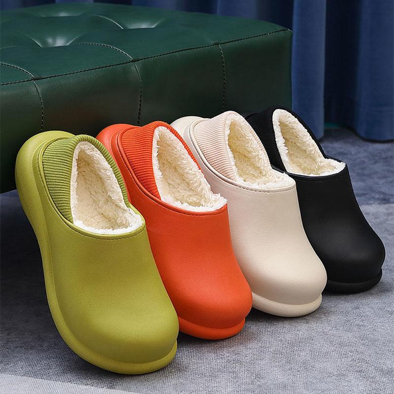 Waterproof Cotton Slippers for Women Winter Indoor and Outdoor Cute Plus Velvet Warm Shoes for Home Non-slip Wool Slippers