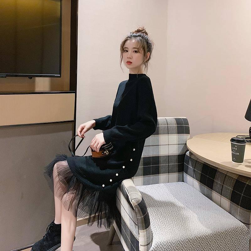 Pofulove Women Pearl Sweater Dress Long Section Turtleneck Beading Lace Knitted Skirt Pullover