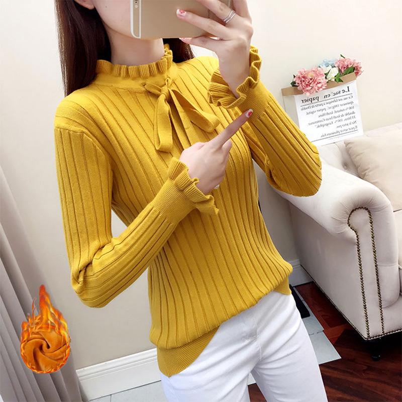 Bowknot Plus Cashmere Korean Knit Sweater Autumn and Winter Long-sleeved Slim Pullover Sweater Wood Ear Bottoming Shirt