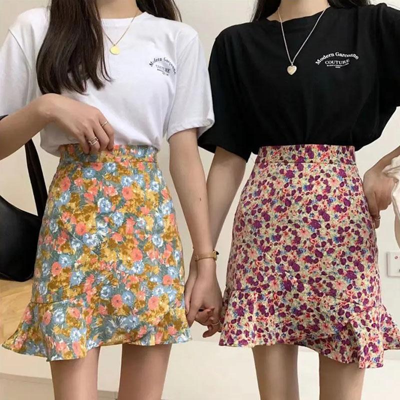 Retro Floral Chiffon Skirt Women's Summer High Waist A-line Fishtail Skirt All-match Short Skirt Irregular Hem Skirt Beach Dress