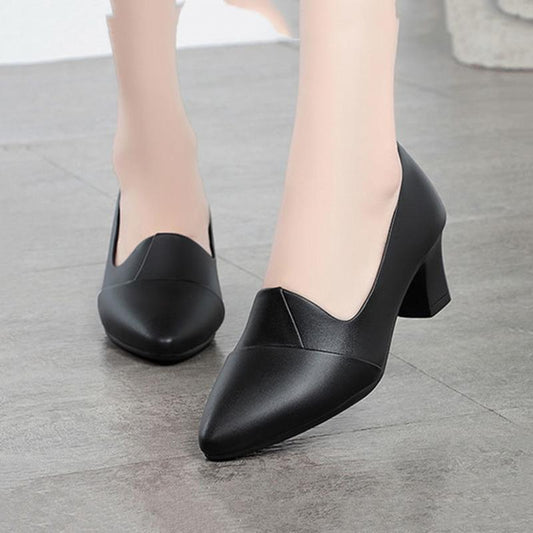 Soft Leather Mother Shoes Medium Heel Single Shoes Women's All-match Professional Work Black Small Leather Shoes Women's High Heels