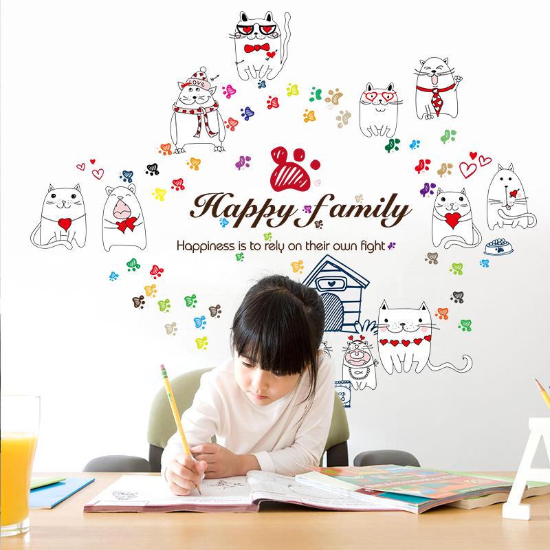 Warm creative cute cat kindergarten background decoration removable wall paper stickers