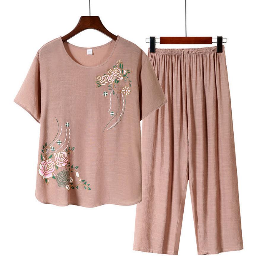 Women Clothes Floral Print T-shirt Pants Loose Two Pieces Set Summer Homewear Set Short Sleeve Outfit for Middle-aged