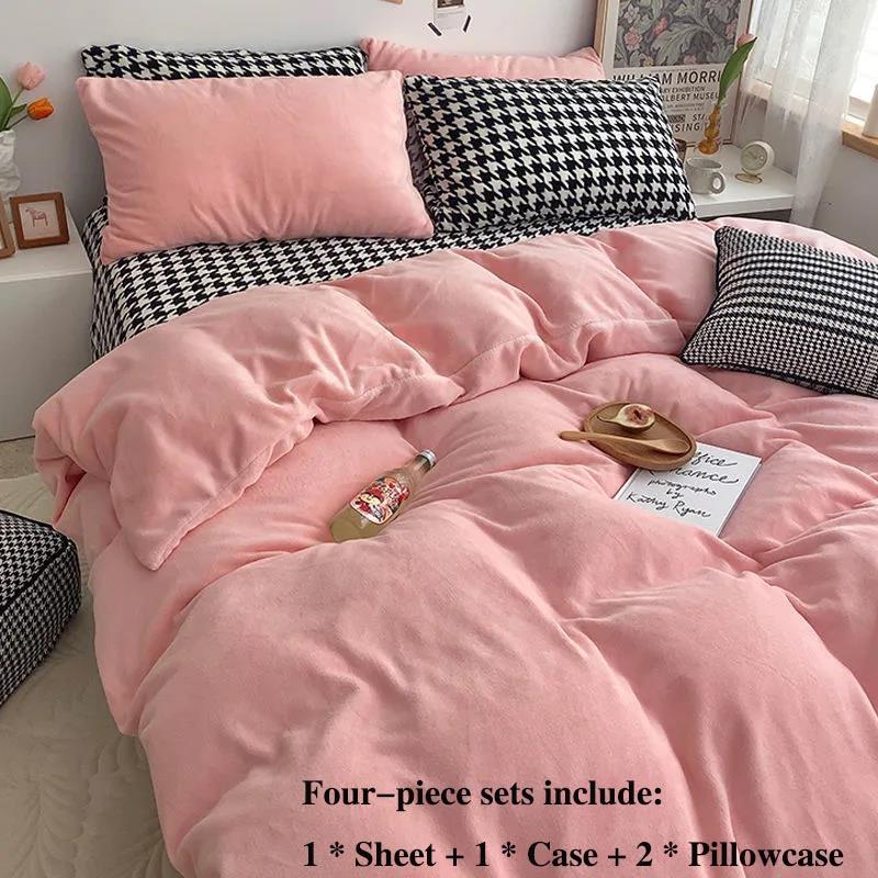 Winter Double-sided Thickening Plus Velvet Four-piece Coral Velvet Is Sleeve Single Pillow Set of Set 1.5 Meters 1.8 Meter Bed Warm Bed Set