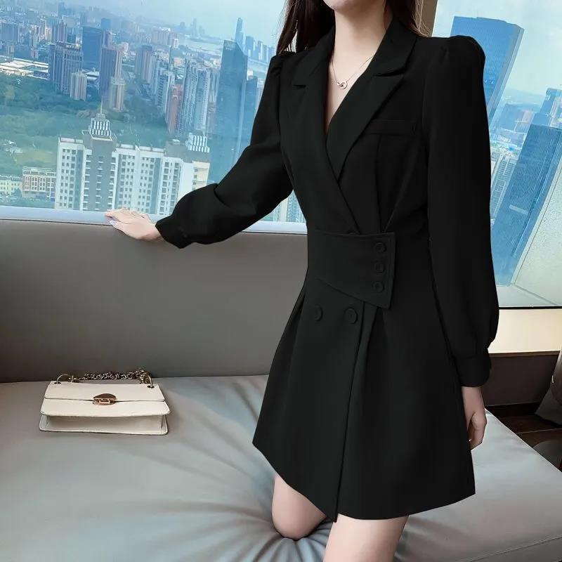 Suit Collar Long-sleeved Dress Women's Spring and Autumn Korean Style Design Windbreaker Short Skirt Ladies A-line Skirt