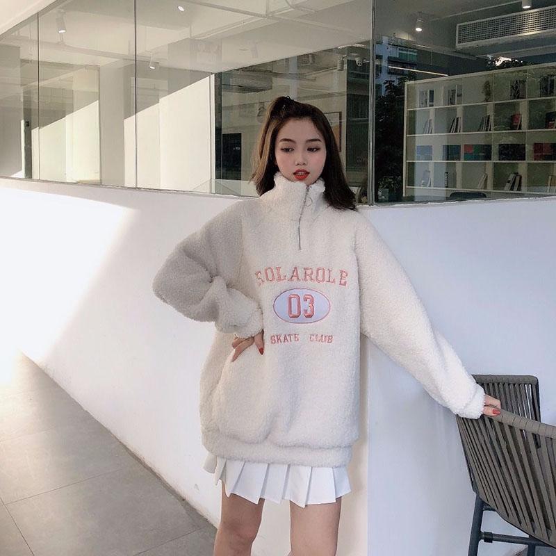 Hoodless High-neck Lamb Wool Sweater Women Winter Thick Loose Letter Coat Embroidered Warm Top