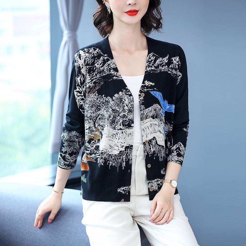 Winter Women's Printed Cardigan V-neck Casual Plus Size Sweater Coat Warm and Fashionable Knitted Cardigan