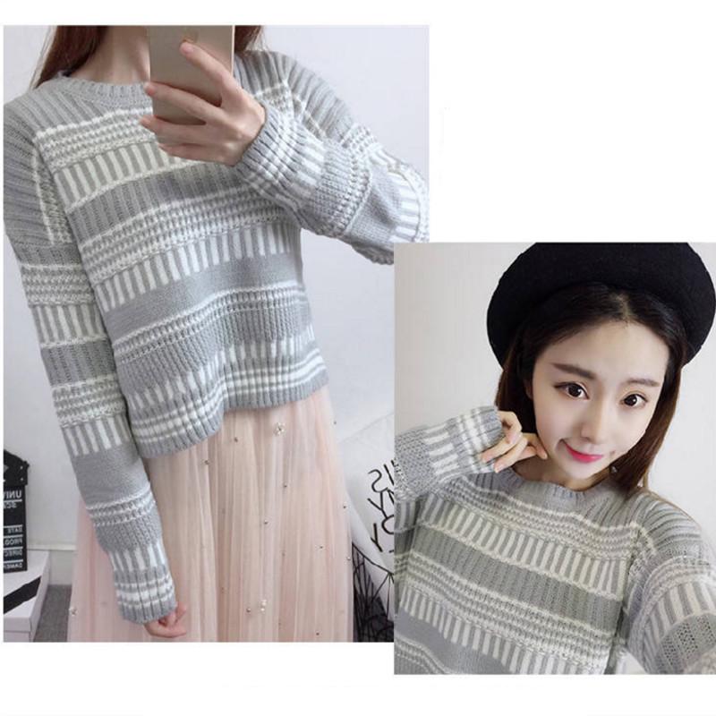 Pofulove Women's Long Sleeve Winter College Style Wild Loose Top Color Stripe KnitStudent Sweater