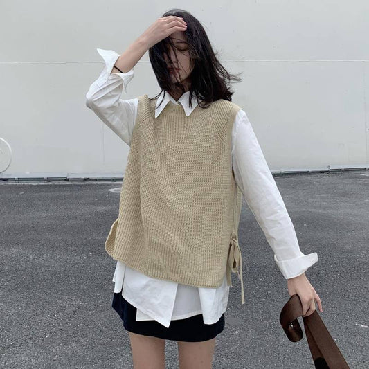 College Style Sweater Vest Women's Round Neck Loose Side Lace Up Knitted Sweater Vest