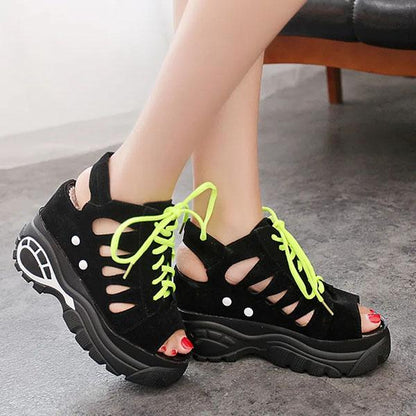 Thick-soled Sandals Women's Summer Wedge Waterproof Platform Sandals Hollow Breathable Lace Up Shoes Casual Comfortable Fish Mouth Sandals