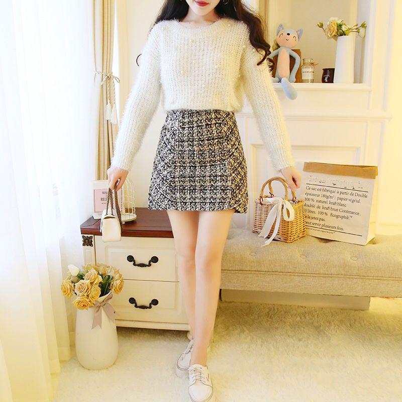 Fashion Sweater Suit Women Autumn and Winter Mohair Knit Sweater Top and Short Plaid Woolen Skirt Two-piece Suit