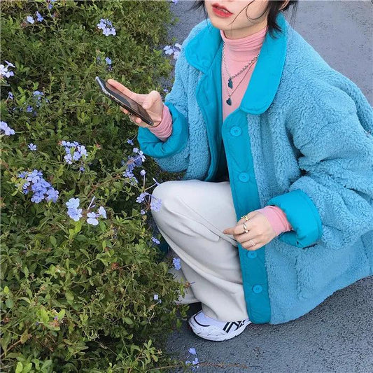 Ice Blue and White Two-sided Coat Women Korean Style Square Collar Loose BF Wind Padded Coat Women