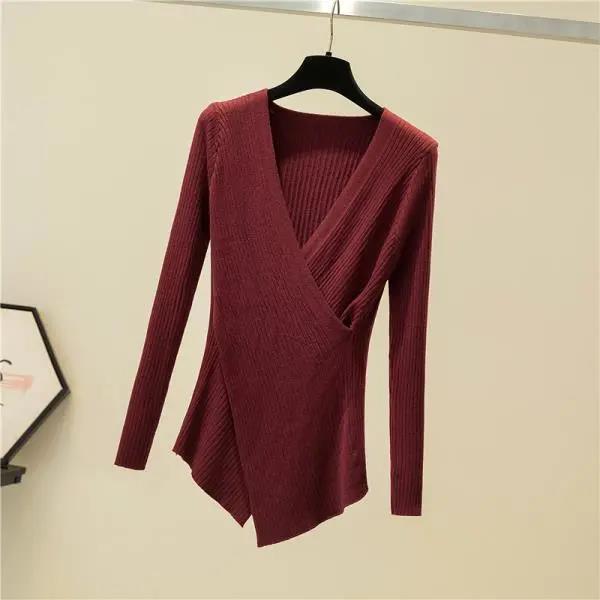 Irregular V-Neck Long Sleeve Pullover Knitted Sweater Women Winter Sweaters Chic Knitwear Korean Style Woman Clothes Fall