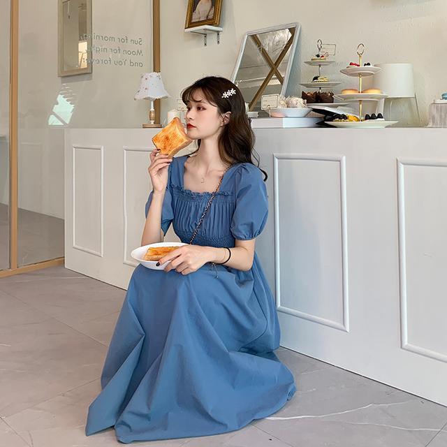 Summer Retro French Casual Solid Color Over-the-knee Long Skirt Waist Puff Sleeve Square Neck Short-sleeved Dress
