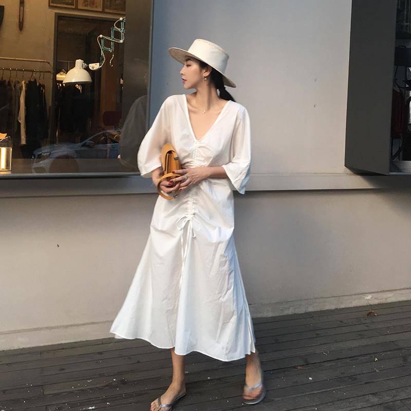 Elegant Chic Summer Drawstring V-Neck Women Pleated Retro Solid Short Sleeve Sexy Ladies Long Dress