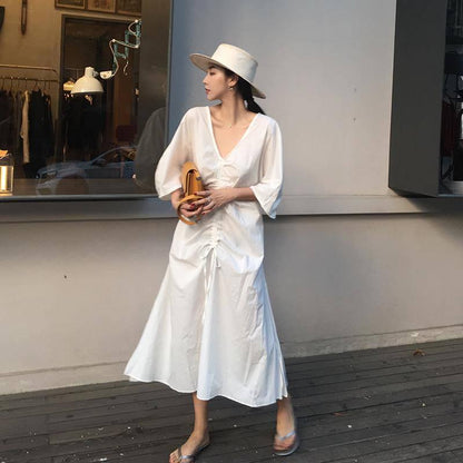 Elegant Chic Summer Drawstring V-Neck Women Pleated Retro Solid Short Sleeve Sexy Ladies Long Dress