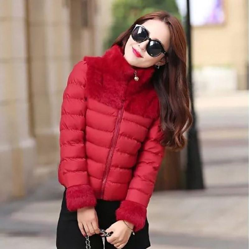Winter Down Jacket Fashion Rabbit Fur Stitching All-match Cotton Jacket Ladies Short Stand-up Collar Warm Down Jacket