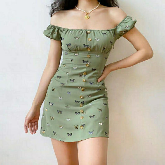 Female Little Fresh Butterfly Print Square Neck Slim Elegant Dress A-line Short Sleeve Holiday Dress
