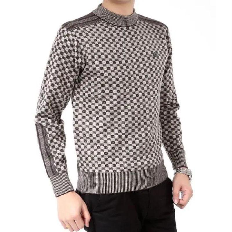 Men's Winter Warm Thick Sweater Round Neck Pullover Plaid Sweater