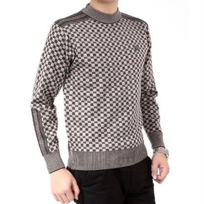 Men's Winter Warm Thick Sweater Round Neck Pullover Plaid Sweater