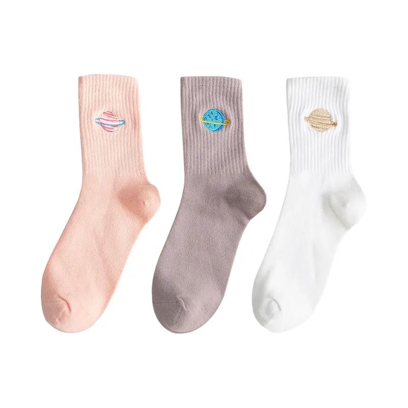Three Pairs of Women's Tube Socks Trend All-match Cotton Tube Socks Planet Pattern Couple Socks