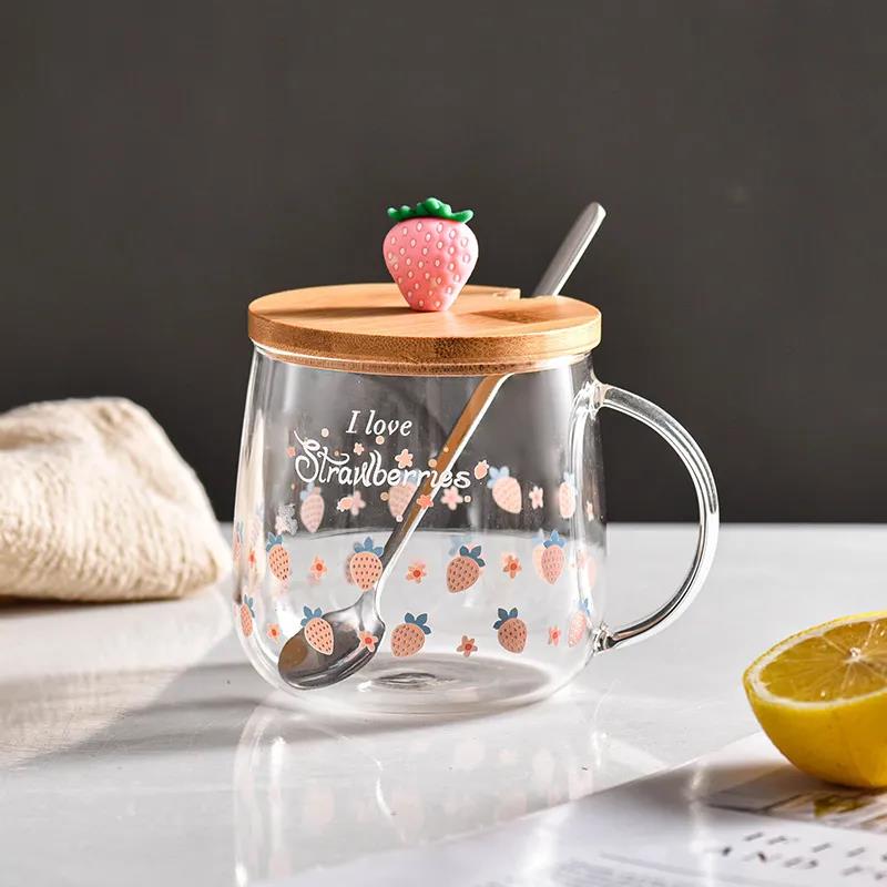 Novelty 3d Lid Cartoon Strawberry Cute Water Glass Transparent Mug Drinking Borosilicate Glasses Coffee Milk Juice Drinkware Cup