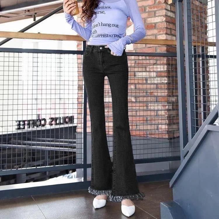 Slim Flared Denim Pants Women's Plus Size Denim Jeans Trousers Summer High Waist Sliming Fit Loose Tassel Denim Pants