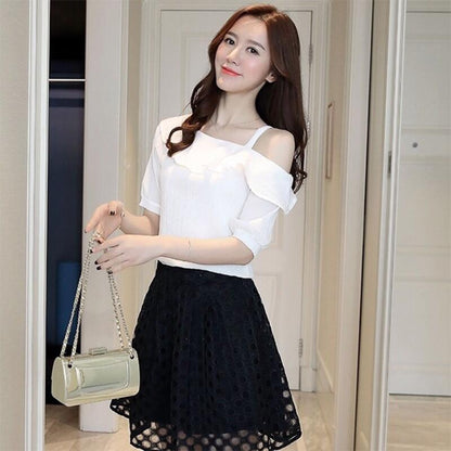 One-line Collar Off-shoulder Blouse Short-sleeved Chiffon Shirt Women's Solid Color All-match Sweet One-line Collar Off-shoulder Shirt