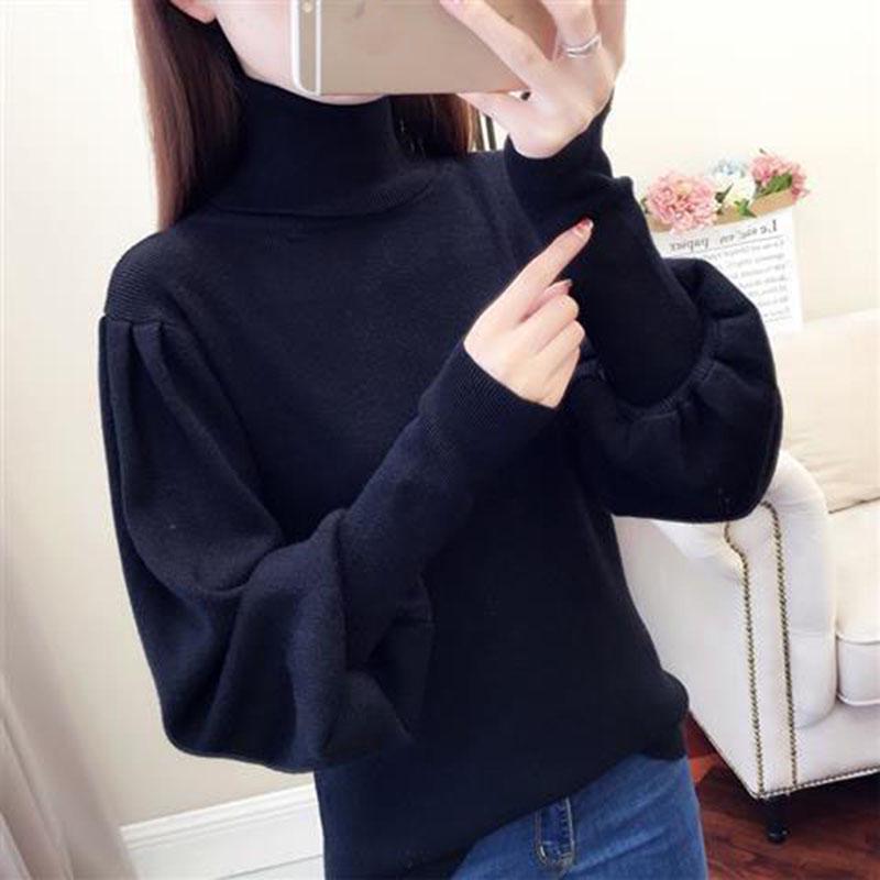 Women's Turtleneck Sweater Autumn Winter Lantern Sleeve Knit Top Loose Solid Color Pullover Sweater loose knitwear