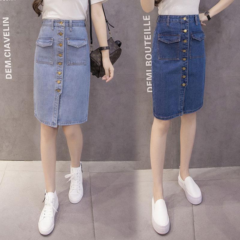 Women Sexy Solid Pocket Buttons Split Denim Skirt High Waist Above Knee Hip Skirt Casual Club Home Office
