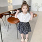 2PCS Children Clothing Set Spring Summer Girls Suits Broken Flowers Short Sleeve Tops + Braces Skirt Clothing Set