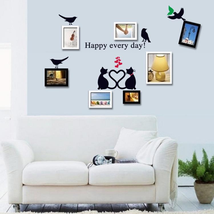 Couple small black cat photo frame blackboard stickers with pictures Love bird ring wall stickers