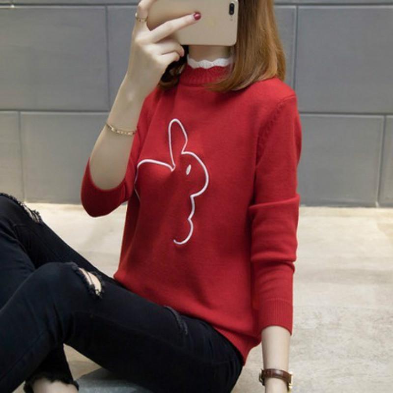 Pofulove New Student  Winter Pullover Embroidery Loose Wild Knitted Base Shirt Short Women