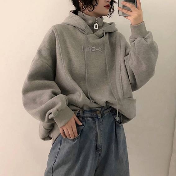 Women Fashion Autumn Winter Thickened Loose Hoodies High Collar Letter Embroidery Oversize Pullover