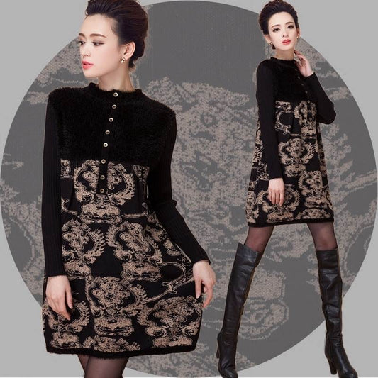 Vintage  Printed Woolen Sweater Women Thickened Long High Neck Furry Pullover Dress Plus Size  Loose Bottoming Sweater Dress